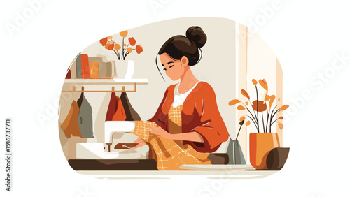 A woman sews with a sewing machine in a cozy room with plants and shelves