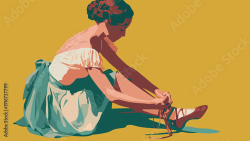 A stylized depiction of a person tying ballet slippers on a plain yellow background