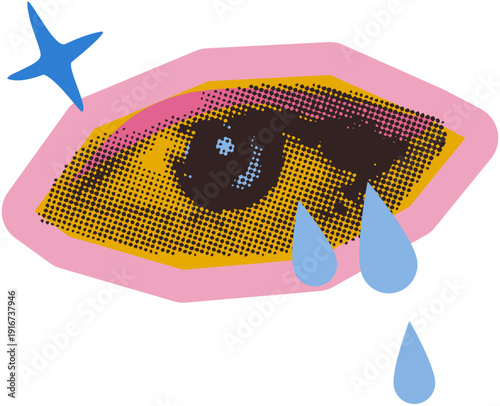 Crying eye with tears in 90s vintage halftone