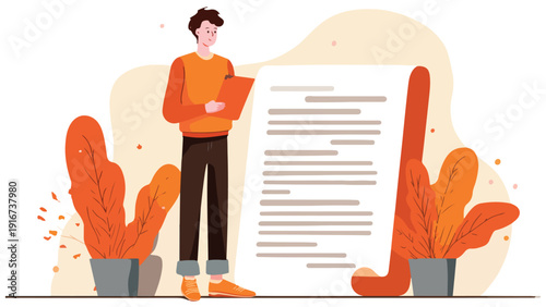 A young man in an orange sweater reads a large document near potted autumn plants