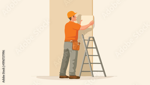 A worker wearing a hard hat and tool belt applies wallpaper to a wall using a ladder