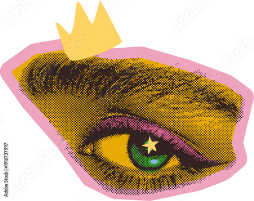 Dramatic eye with makeup and crown halftone art