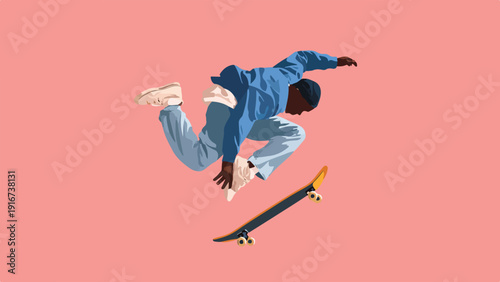 Person in mid-air performing a skateboarding trick against a pink background