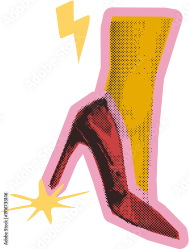 High heel shoe with star in 90s fashion halftone