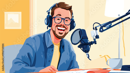 Cheerful man with headphones and microphone in a recording studio
