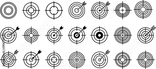 Target icon set vector, bullseye aim symbols, archery shooting goals, crosshair collection isolated, business marketing objective success accuracy illustration bundle pack