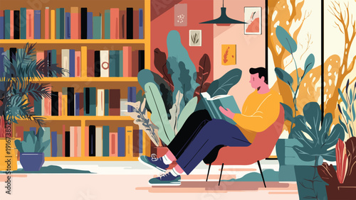 Cozy room with a man reading surrounded by plants and books