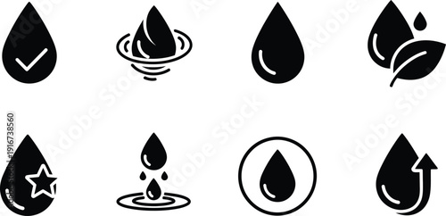 Water droplet icon set for designers and developers including symbols for liquid leaf and arrow elements