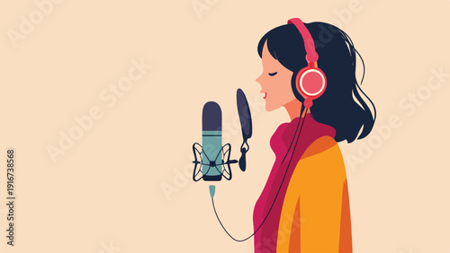 Stylized woman with headphones sings into microphone in a studio setting