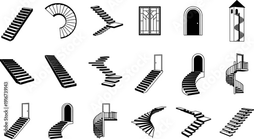 Staircase icon set, spiral stairs, steps, door, window architecture vector illustration isolated black design collection building elements bundle graphic
