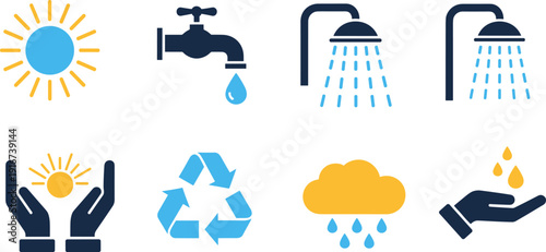 Water conservation and weather icon set, sun, recycle, rain, shower symbols, eco climate vector illustration isolated flat design collection