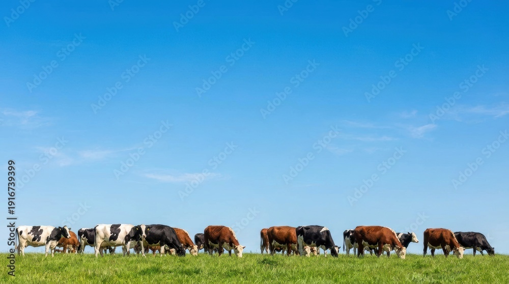 Fototapeta premium A herd of various cattle grazing peacefully on a vibrant green grassy field under a bright clear blue sky