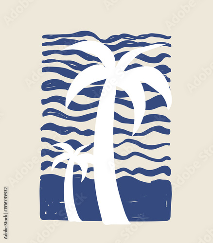 sea waves abd palm tree artwork. hand drawing abstract graphic tee t-shirt. kids girl boy tops design.