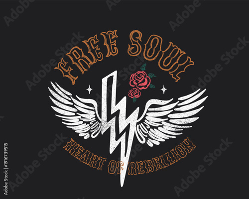 Wing vector graphic. free soul typograph design.rock and roll tee t-shirt design. free soul typograpy artwork.