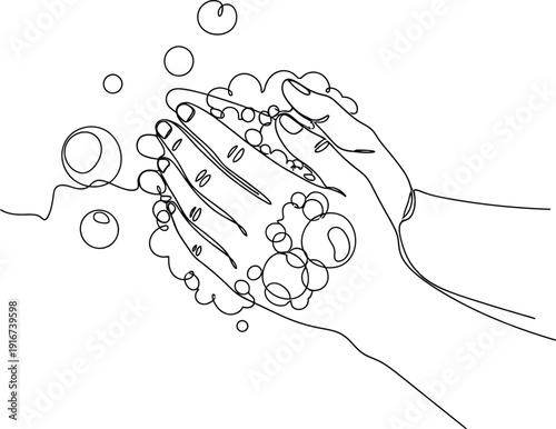 Continuous line drawing of hands washing with soap bubbles water