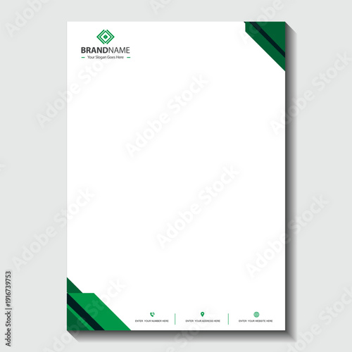 Professional business letterhead template with green accents and modern design