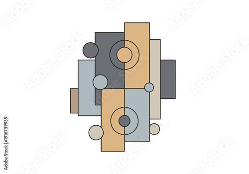 Abstract geometric composition with rectangles circles squares and lines in neutral muted color palette perfect for modern design backgrounds and