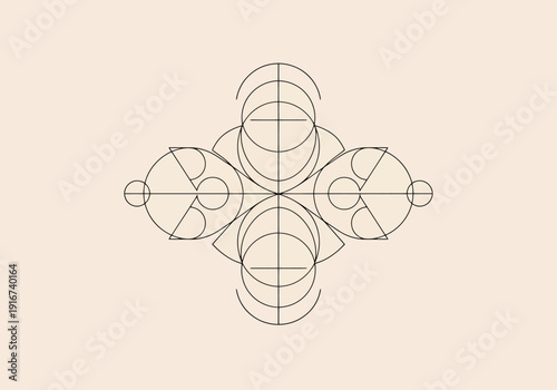 Geometric abstract pattern with symmetrical circular and triangular elements in a minimalist design on a light background