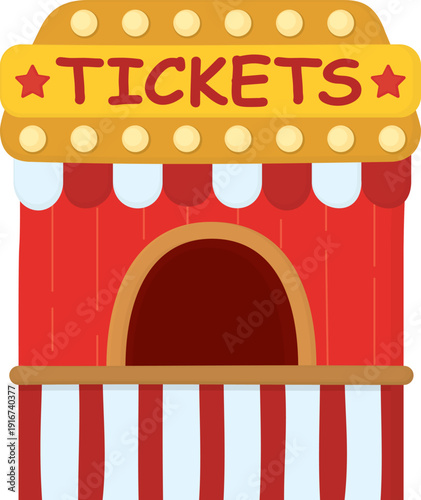 Illustration of amusement park ticket booth. Funfair stand with striped canopy isolated on white background. 