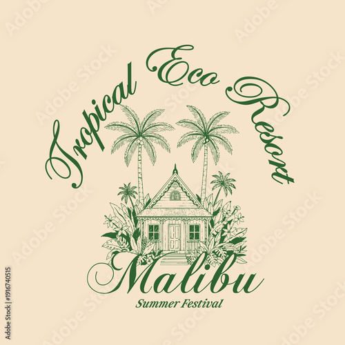 Tropical Eco Resort vintage line art drawing graphics in malibu summer festival vibes.