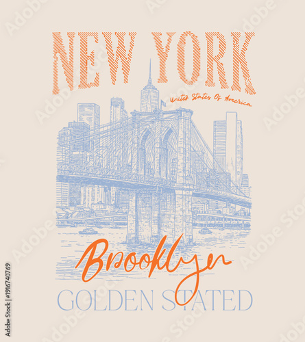 Abstract vintage city illustration of new york. vintage retro brooklyen golden stated tee t-shirt design. united states of amirica.