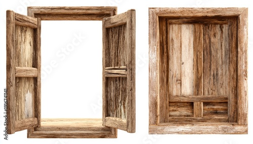 Weathered, rustic wooden window frames open and closed, on white background