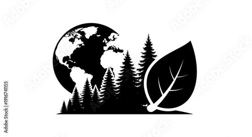 Black silhouette illustration of Earth with trees and leaf