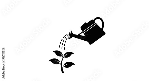 A watering can pours water on a small plant with leaves growing.