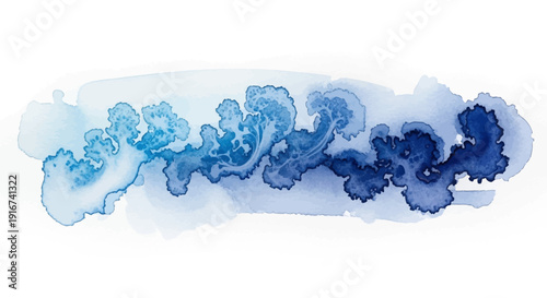 A blue wave crashes on the shore in a watercolor painting