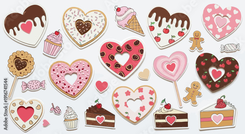 Colorful heart-shaped desserts and sweet treats