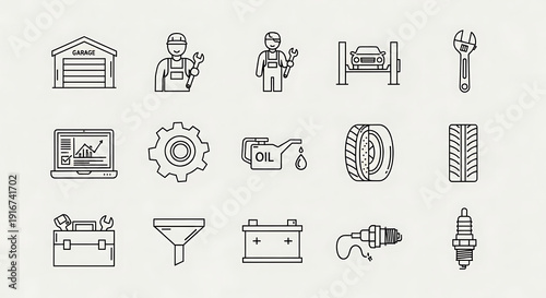 black and white line icons of car service and repair tools