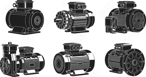 Black, silhouette, set, of, various, industrial, electric, motors, and, water, pumps, isolated, on, white, background, vector, for, engineering, and, machinery.