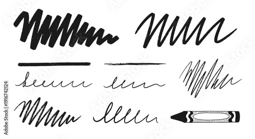 Crayon drawing of various black scribbles and lines on white background Mix