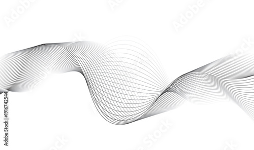 Abstract gray flowing wave mesh lines on white background, modern dynamic sound waveform, elegant minimal technology curve pattern design 