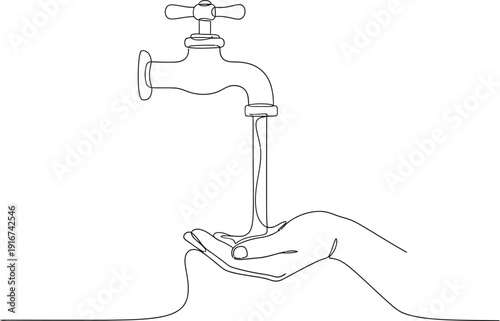 Line art of hands washing under running faucet for hygiene concept. No editable stroke
