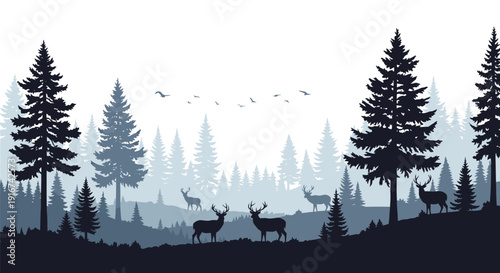 Misty forest landscape with deer and trees silhouette.