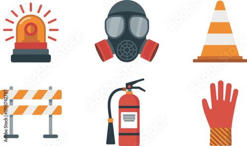 Safety equipment icons illustration, fire extinguisher cone mask glove set, flat vector isolated background modern design concept