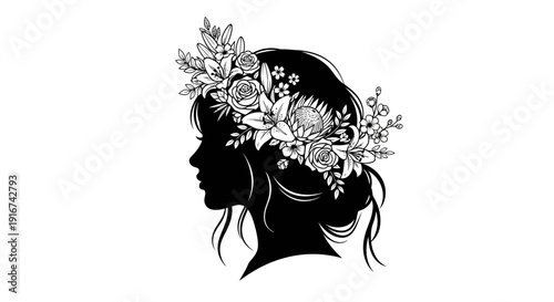 Elegant black silhouette of a woman adorned with floral wreath.