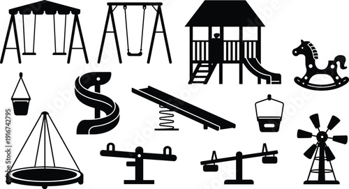 Playground silhouette icons set, park play equipment collection, swing slide rocker vector, outdoor children recreation symbol illustration bundle pack