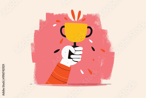 Hand drawn sketch of a hand raising a winners trophy for success and achievement concepts
