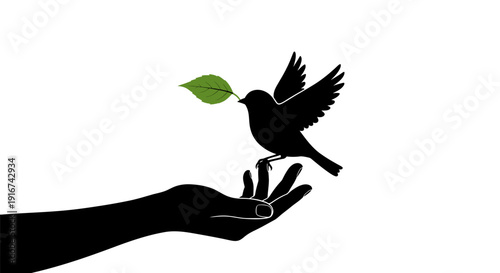 Silhouette of a Hand Releasing a Bird with a Leaf.