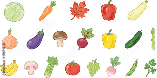 Hand drawn vector vegetables and fruits collection, colorful fresh organic food icons set isolated on white background, healthy eating concept illustration for stock design