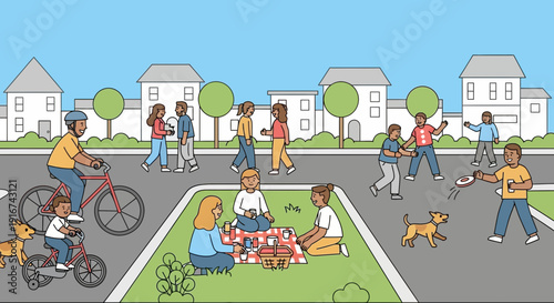 Community Park Picnic Scene with Families and Pets