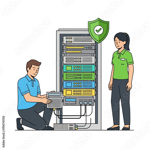Data Center Server Rack with Technicians