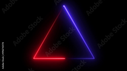 Glowing neon line triangle icon animation on black background.4k video