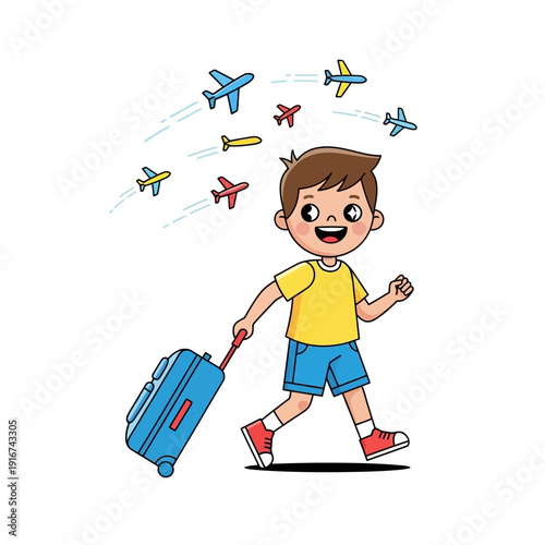 Child Traveling with Rolling Suitcase and Airplanes