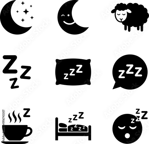 Set of nine stylized black sleep and nighttime icons, symbolizing moon, stars, sheep, pillow, bed, cup, and rest motifs