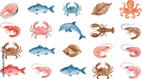 Hand drawn vector seafood collection, fresh fish shrimp crab lobster octopus icons set isolated on white background, healthy marine food illustration