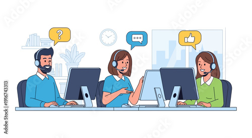 Support Center Team with Headsets at Workstations
