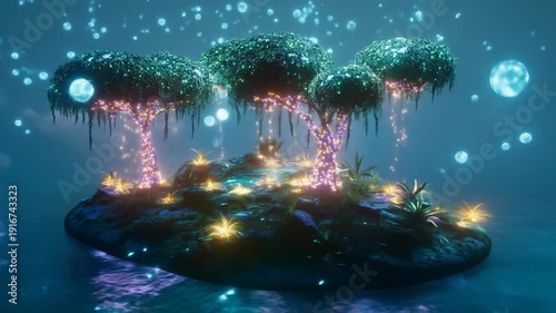 Fantasy island with glowing trees and spheres against a blue backdrop